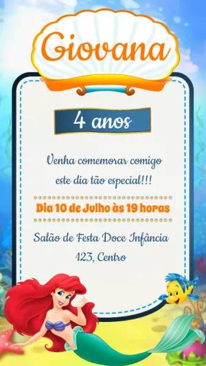 Convite Aniversário Pequena Sereia com Ariel para Editar Online