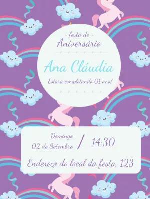 Convite de Aniversário Unicórnio Fofo para Editar Online