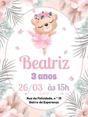Convite Aniversário Ursinha Bailarina para Editar Online