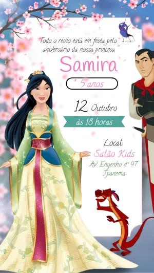 Convite de Aniversário Mulan com Personagens para Editar