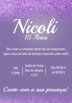 Convite de 15 Anos Roxo com Glitter para Editar Online