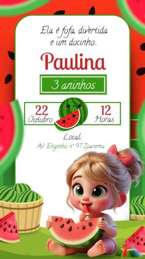 Convite Aniversário Melancia Menina para Editar Online