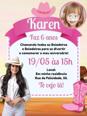 Convite Aniversário Cowgirl com Foto para Editar Online