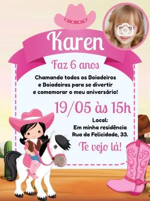 Convite Aniversário Boiadeira Rosa com Foto para Editar Online