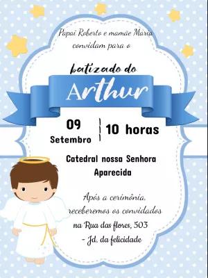 Convite de Batizado Anjo Menino Azul para Editar Online