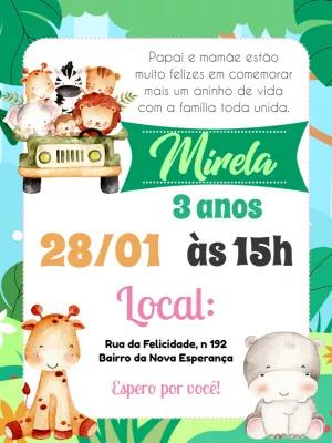 Convite de Aniversário Safari com Animais para Editar Online