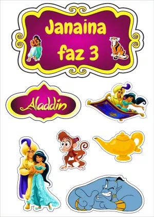 Topo de Bolo Aladdin com Personagens para Editar e Imprimir