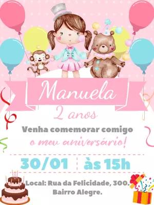 Convite Aniversário Circo Rosa Aquarela para Editar Online