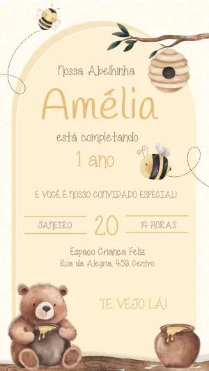 Convite Aniversário Abelhinha e Ursinho para Editar Online