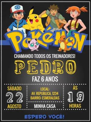 Convite de Aniversário Pokémon com Ash e Pikachu para Editar