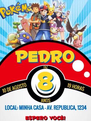 Convite Aniversário Pokémon com Ash e Pikachu para Editar Online