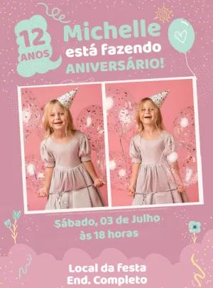 Convite de Aniversário Menina com Fotos Rosa para Editar Online
