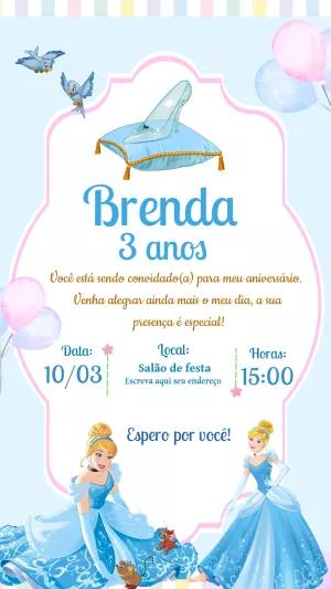 Convite de Aniversário Cinderela para Editar e Imprimir