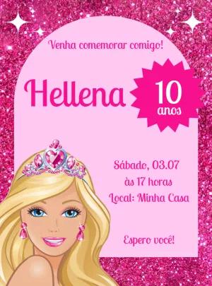 Convite de Aniversário Barbie Rosa com Glitter para Editar