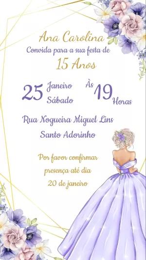 Convite 15 Anos Floral Lilás e Dourado para Editar Online