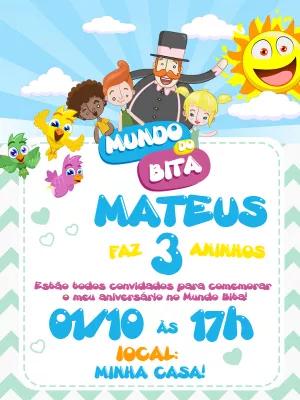 Convite Aniversário Mundo Bita com Personagens para Editar
