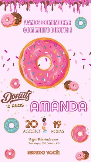 Convite de Aniversário Donuts Rosa para Editar Online