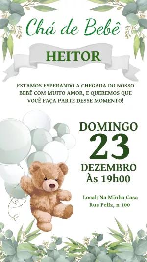 Convite Chá de Bebê Ursinho com Folhagens para Editar Online