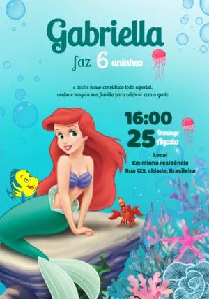Convite de Aniversário A Pequena Sereia com Ariel para Editar