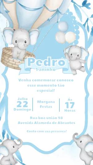 Convite Aniversário Elefantinho Azul em Balão para Editar