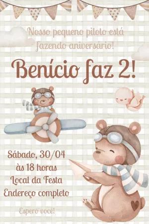 Convite de Aniversário Urso Aviador para Editar Online