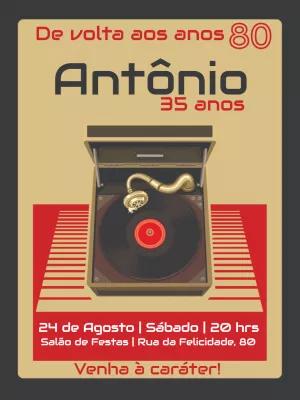 Convite Aniversário Anos 80 Retrô com Vitrola para Editar