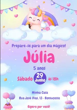Convite Aniversário Unicórnio Fofo para Editar Online