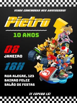 Convite Aniversário Mario Kart com Personagens para Editar Online