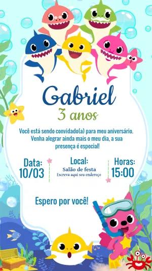 Convite Aniversário Baby Shark com Personagens para Editar Online