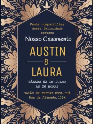 Convite de Casamento Floral Azul e Dourado para Editar Online