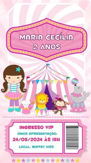 Convite Aniversário Circo Rosa para Menina Editável Online