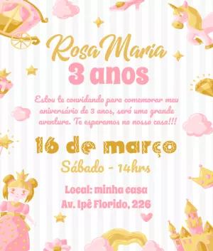 Convite de Aniversário Princesa Rosa e Dourado para Editar Online