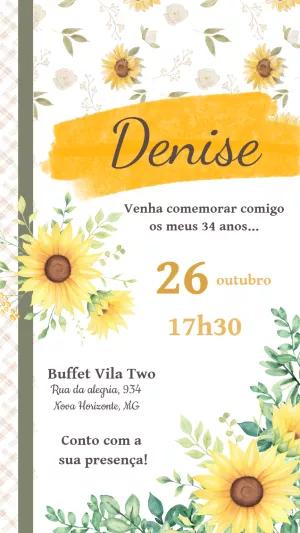 Convite Aniversário Girassol Delicado para Editar Online