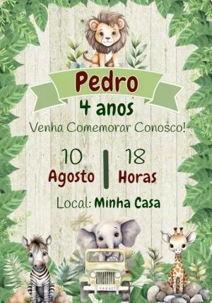Convite Aniversário Safari com Animais Fofos para Editar
