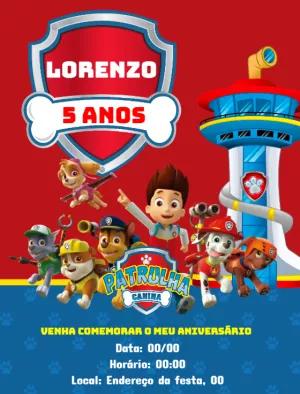 Convite Aniversário Patrulha Canina com Personagens para Editar