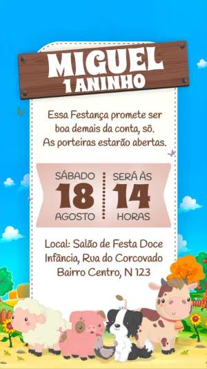 Convite Aniversário Fazendinha com Animais para Editar Online