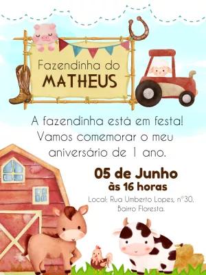 Convite Aniversário Fazendinha com Animais para Editar Online