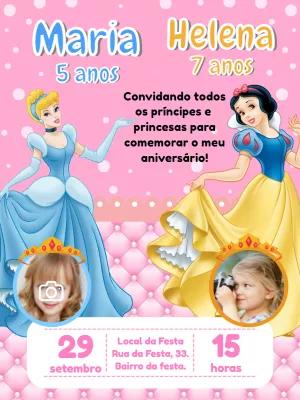 Convite Aniversário Duplo Princesas com Foto para Editar