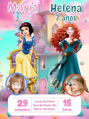 Convite Aniversário Duplo Princesas com Foto para Editar