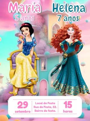 Convite Aniversário Duplo Branca de Neve e Merida para Editar