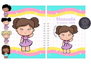 Capa de Agenda Escolar Menina com Personagens para Editar Online
