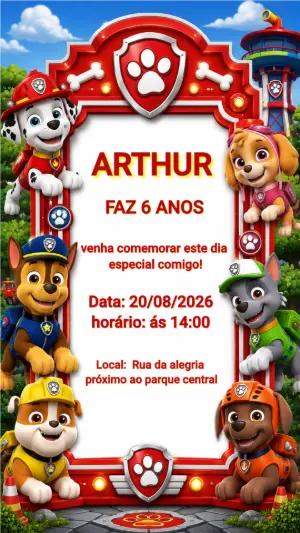 Convite de Aniversário Patrulha Canina Editável para Menino