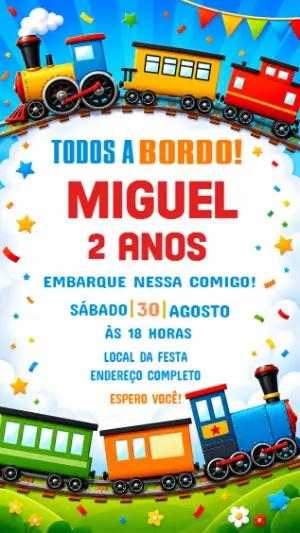 Convite de Aniversário Infantil Tema Trem Colorido para Editar