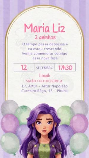 Convite Digital Aniversário Menina Aventura Lilás Editável