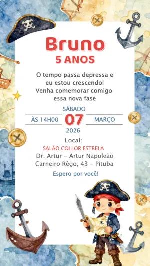 Convite de Aniversário Pirata em Aquarela para Editar Online