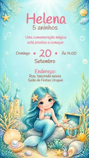 Convite de Aniversário Sereia Fofa para Editar