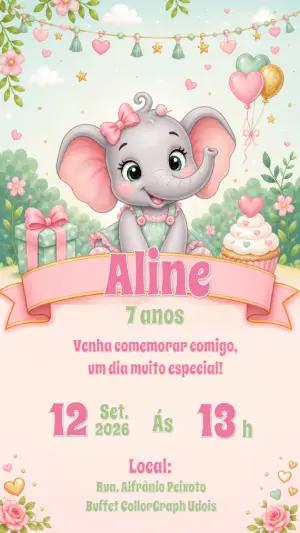 Convite de Aniversário Elefantinha Rosa e Verde Editável