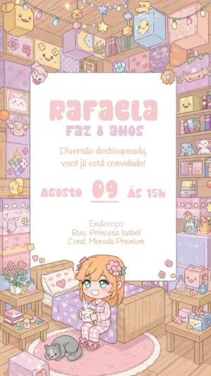 Convite Aniversário Gamer Kawaii com Blocos para Editar Online