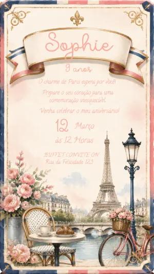 Convite de Aniversário Paris Romântico Aquarela Editável
