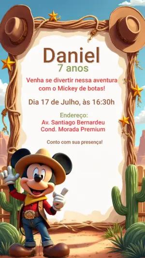 Convite Aniversário Mickey Cowboy para Editar Online
